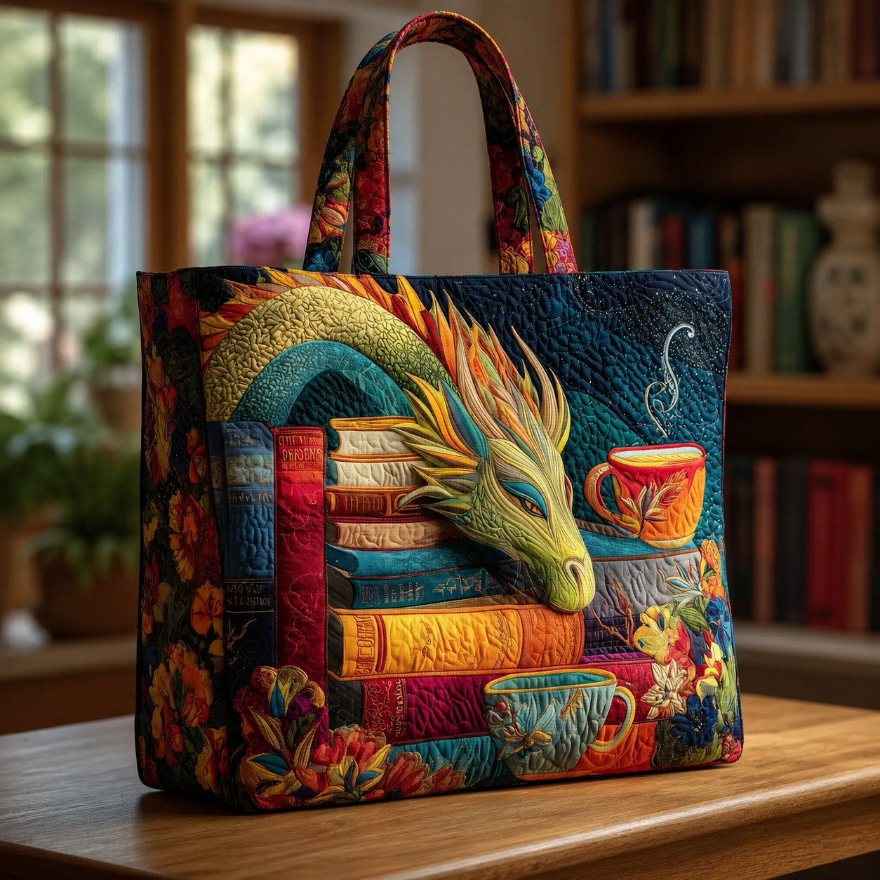 Dragon Reader with Books and Mugs Series Handmade Tote Bag