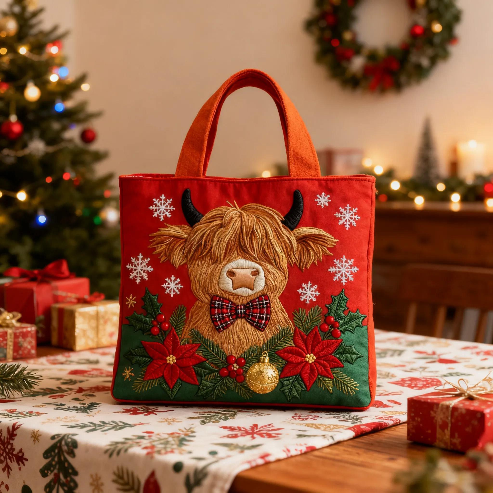 Christmas Highland Cow Quilted Tote Bag