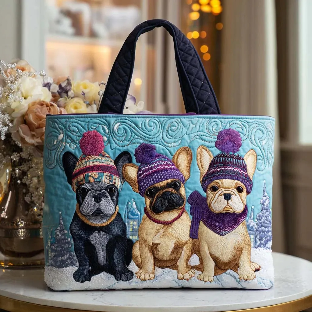 Winter French Bulldog Quilted Tote Bag