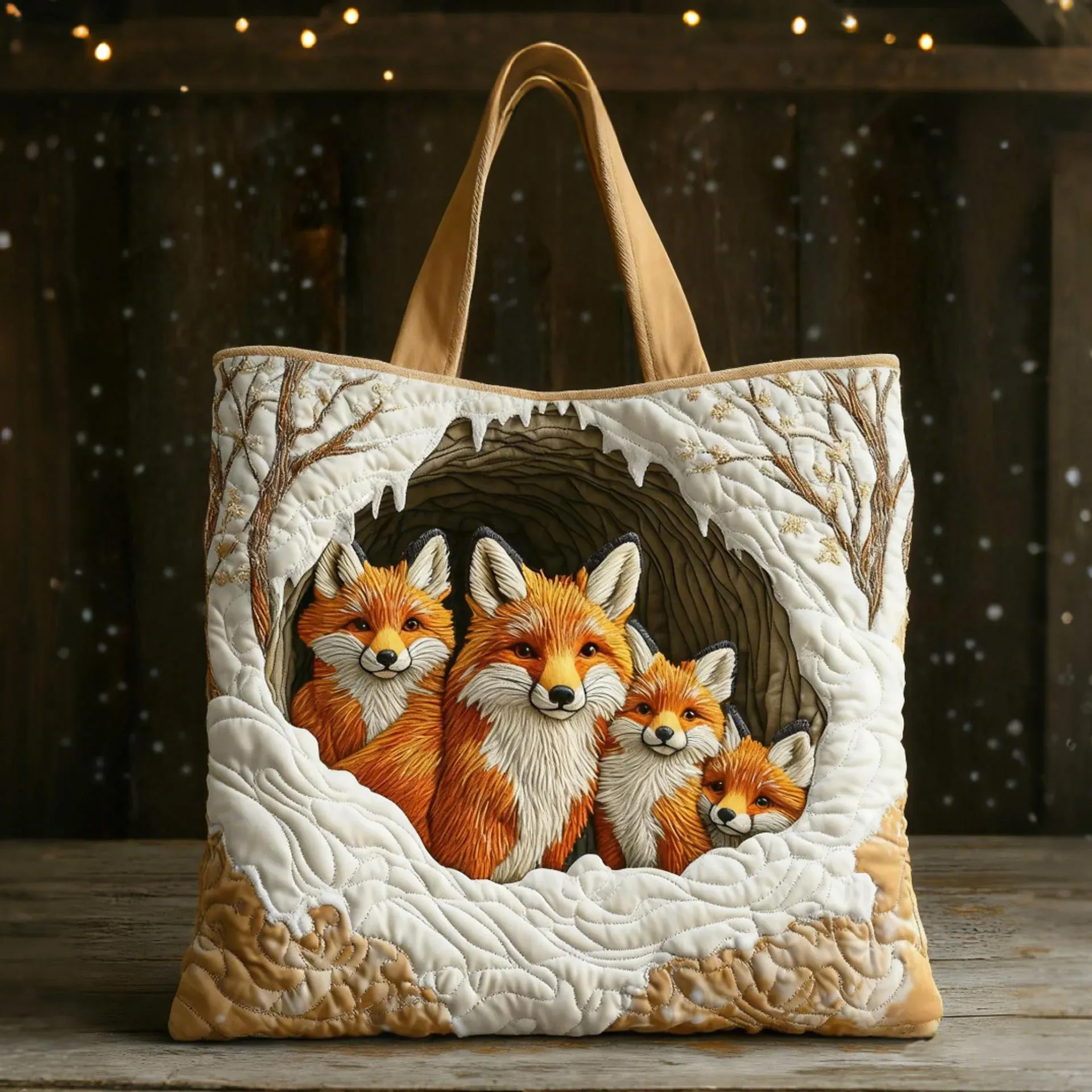 Winter Den Family Quilted Tote Bag