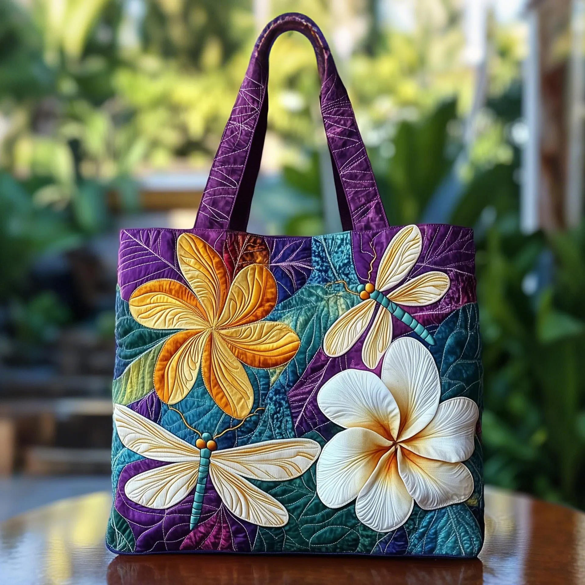 Plumeria Dragonfly Quilted Tote Bag