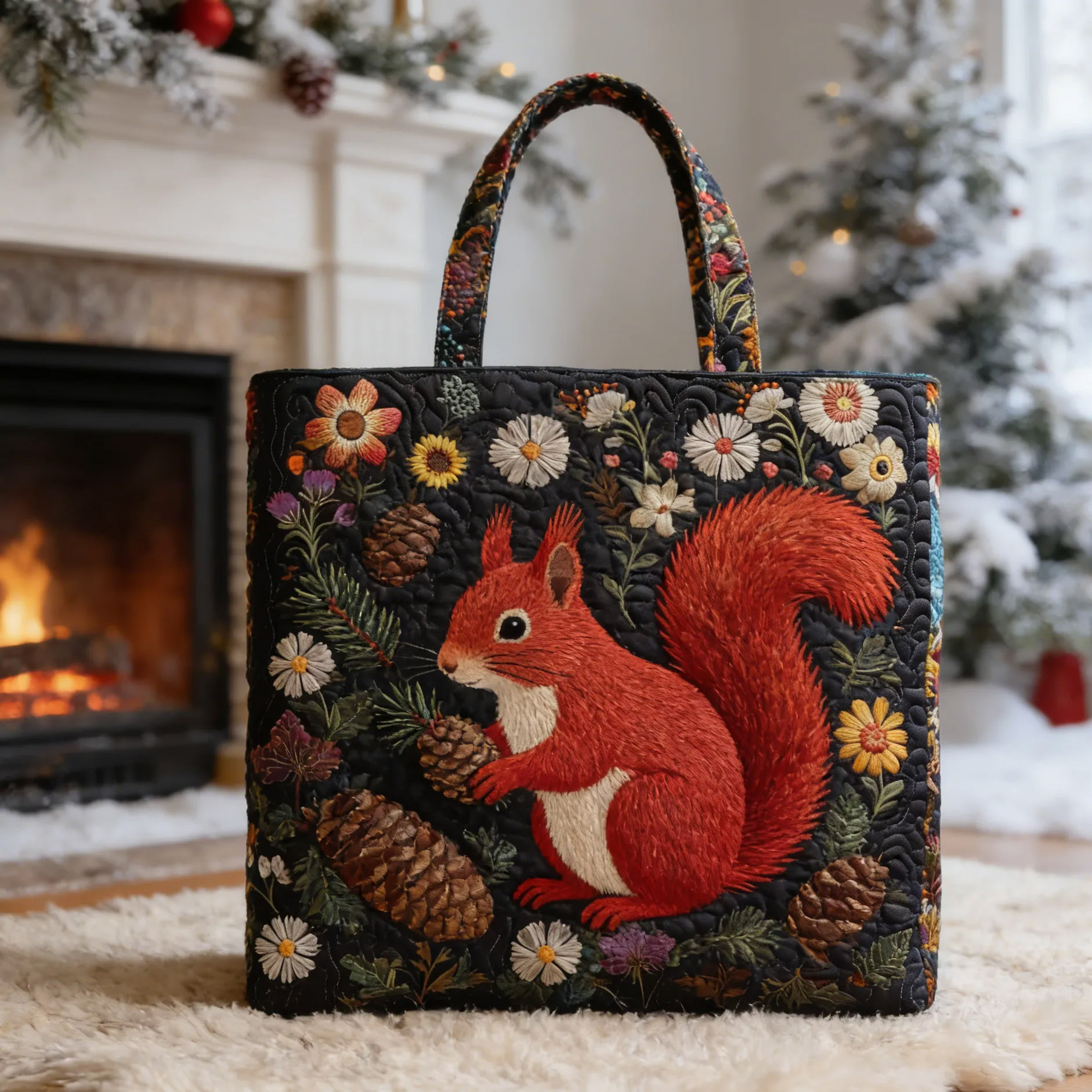 Winter Squirrel-Pinecone Quilted Tote Bag