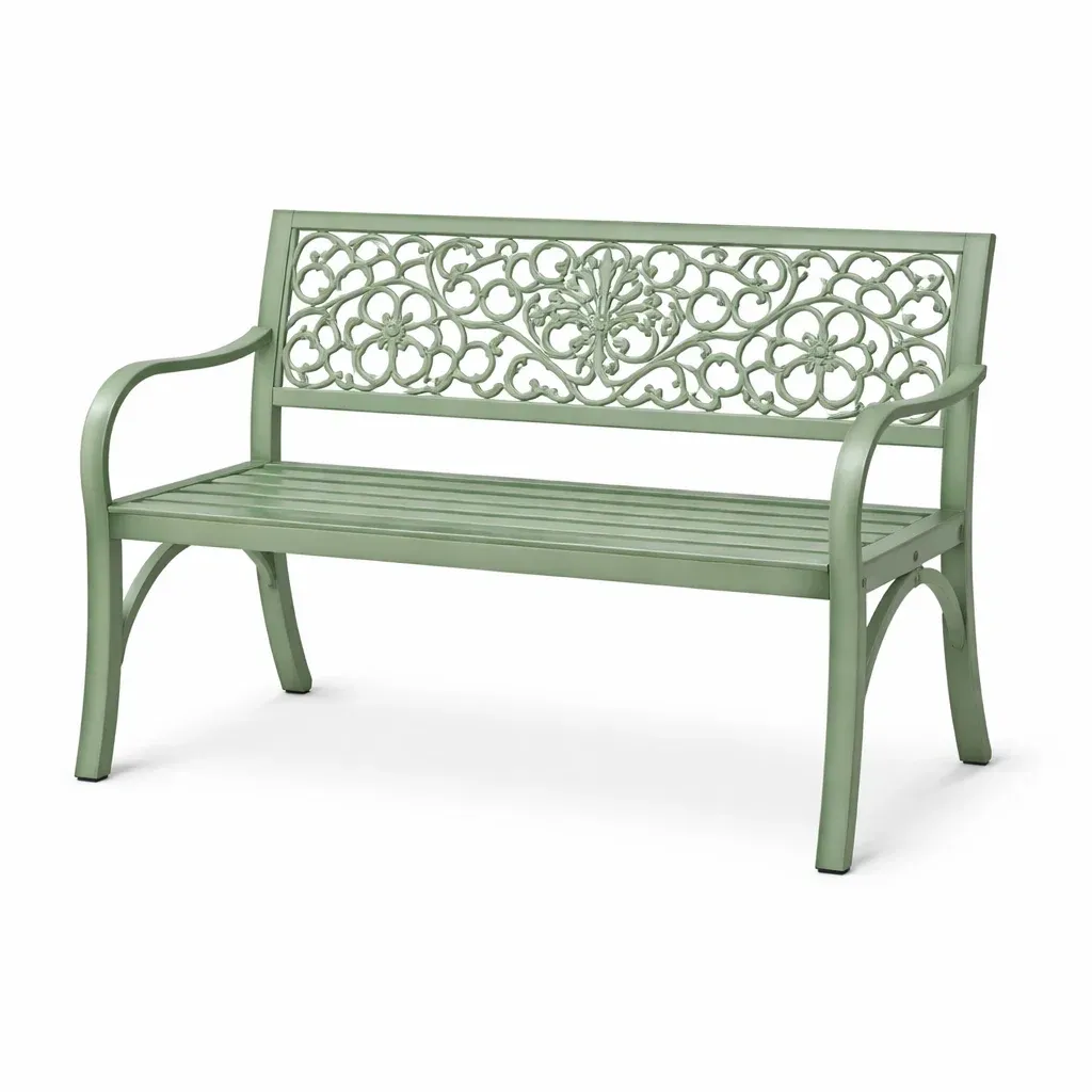 Bench Metal Garden with Decorative Backrest in Green-FURNINESTNOW