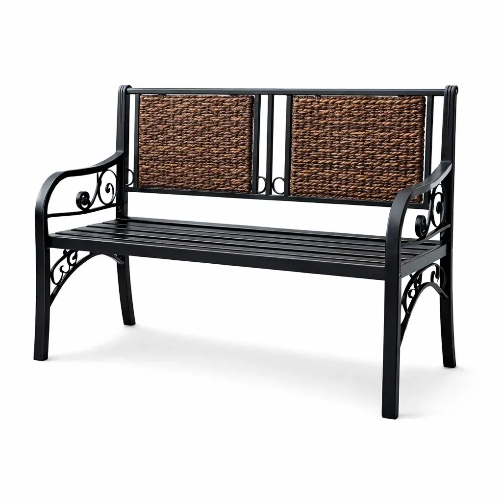 Bench Metal Garden with Wrought Iron Frame and Woven Backrest Black/Brown-FURNINESTNOW