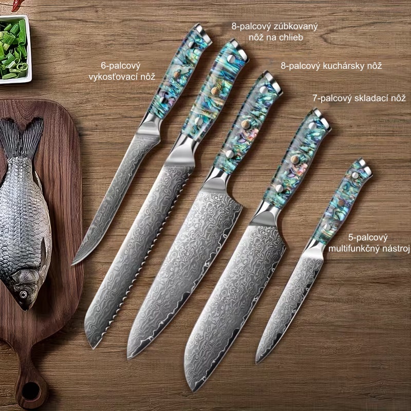 5-dielna sada kuchynských nožov, ručne kovaná damašková oceľ z Japonska