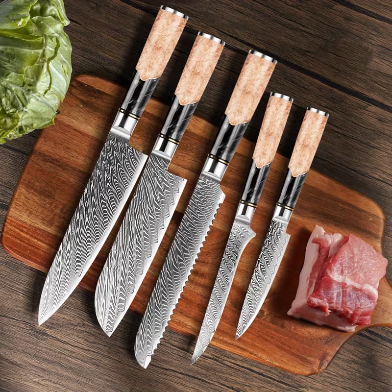 5-dielna sada profesionálnych kuchárskych nožov z damaškovej ocele s ultra ostrými hranami