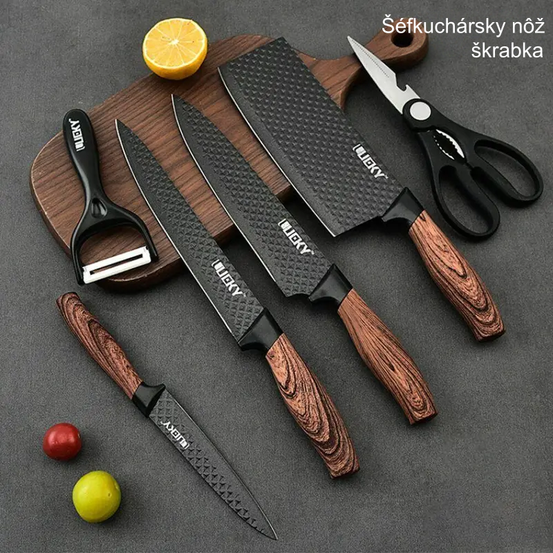 6-dielna sada kuchynských nožov, sada šéfkuchárskych nožov, čierna. Sada ostrých nožov na krájanie mäsa, nepriľnavý povrch. Nerezová oceľ, vrátane keramickej dosky na krájanie.