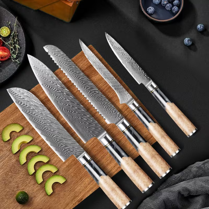 5-dielna sada profesionálnych kuchárskych nožov z damaškovej ocele s ultra ostrými hranami