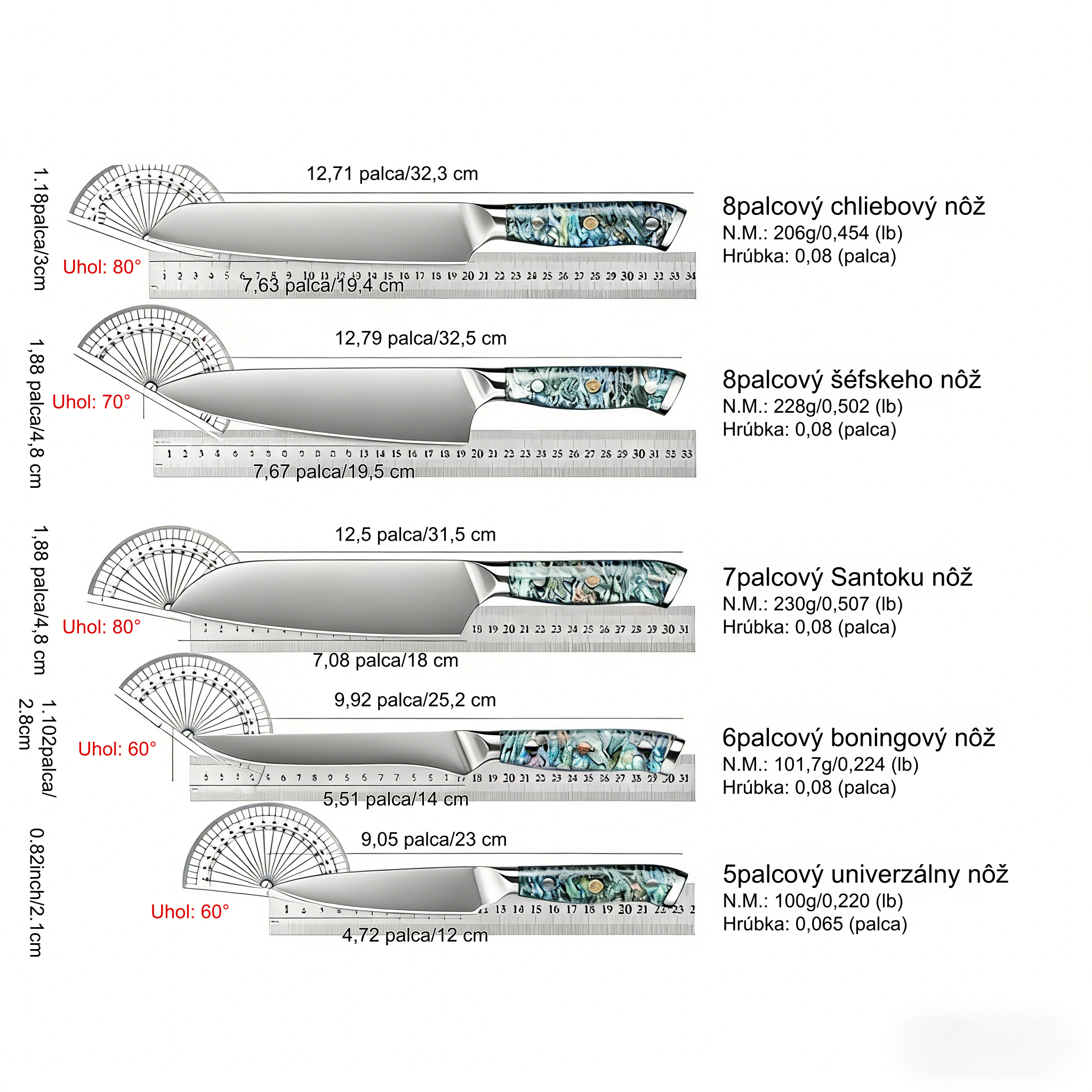 5-dielna sada kuchynských nožov, ručne kovaná damašková oceľ z Japonska