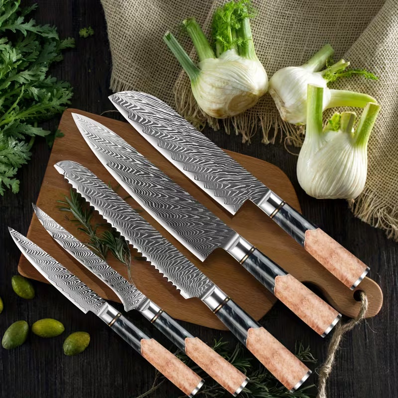 5-dielna sada profesionálnych kuchárskych nožov z damaškovej ocele s ultra ostrými hranami