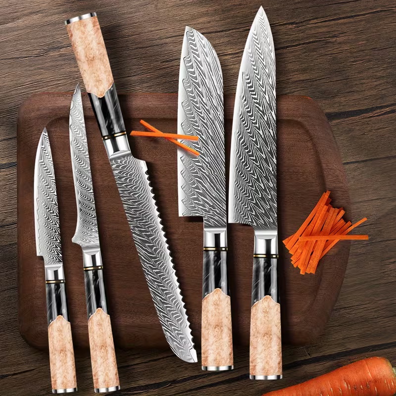 5-dielna sada profesionálnych kuchárskych nožov z damaškovej ocele s ultra ostrými hranami