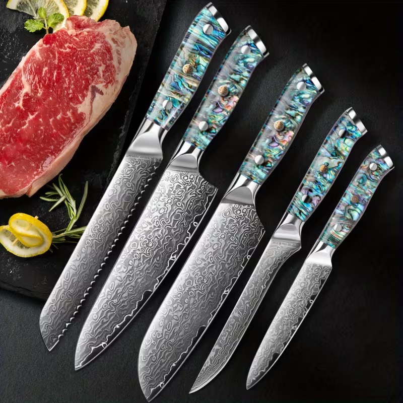 5-dielna sada kuchynských nožov, ručne kovaná damašková oceľ z Japonska