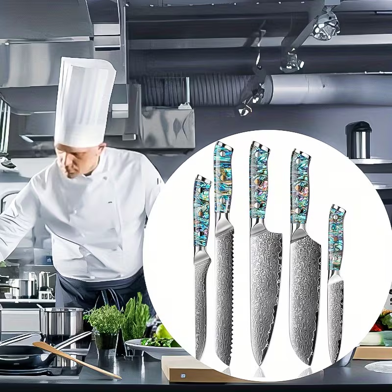 5-dielna sada kuchynských nožov, ručne kovaná damašková oceľ z Japonska