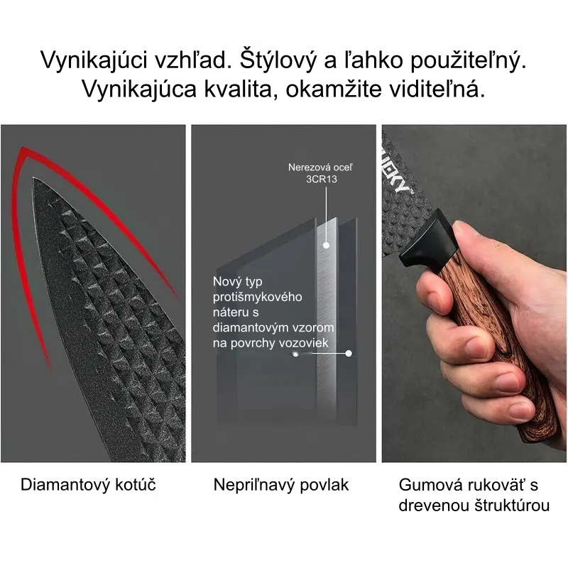 6-dielna sada kuchynských nožov, sada šéfkuchárskych nožov, čierna. Sada ostrých nožov na krájanie mäsa, nepriľnavý povrch. Nerezová oceľ, vrátane keramickej dosky na krájanie.