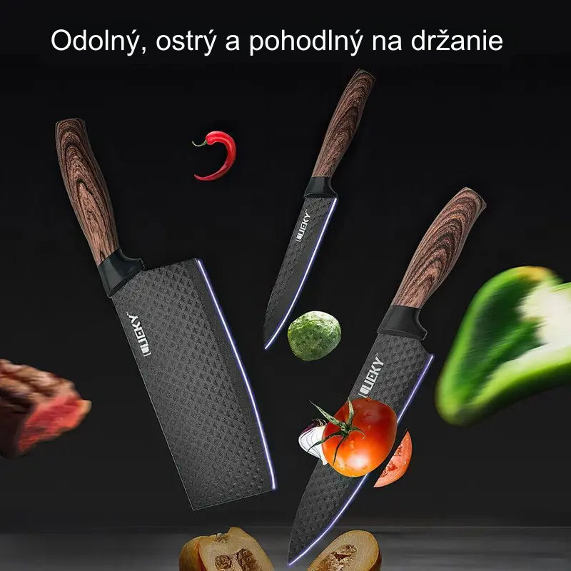 6-dielna sada kuchynských nožov, sada šéfkuchárskych nožov, čierna. Sada ostrých nožov na krájanie mäsa, nepriľnavý povrch. Nerezová oceľ, vrátane keramickej dosky na krájanie.