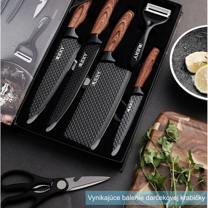 6-dielna sada kuchynských nožov, sada šéfkuchárskych nožov, čierna. Sada ostrých nožov na krájanie mäsa, nepriľnavý povrch. Nerezová oceľ, vrátane keramickej dosky na krájanie.