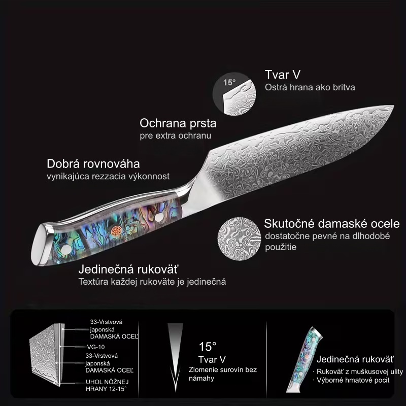 5-dielna sada kuchynských nožov, ručne kovaná damašková oceľ z Japonska