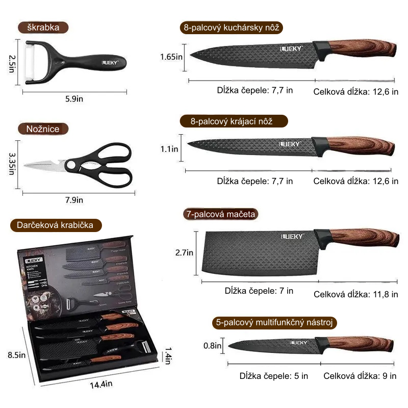 6-dielna sada kuchynských nožov, sada šéfkuchárskych nožov, čierna. Sada ostrých nožov na krájanie mäsa, nepriľnavý povrch. Nerezová oceľ, vrátane keramickej dosky na krájanie.
