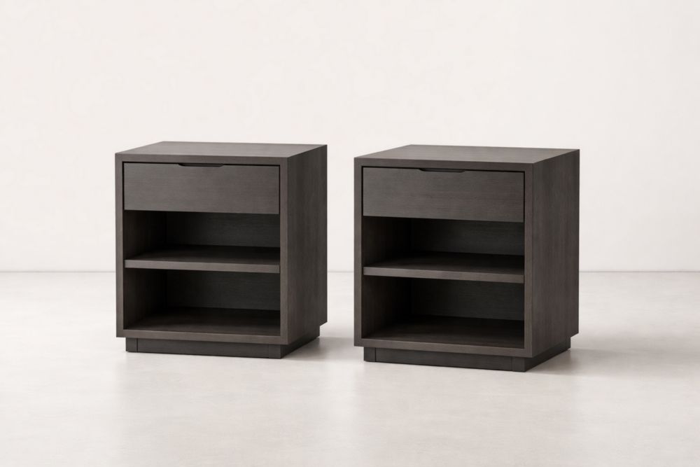 Set of 2 Dark Brown Wood Nightstands with Drawer and Shelves