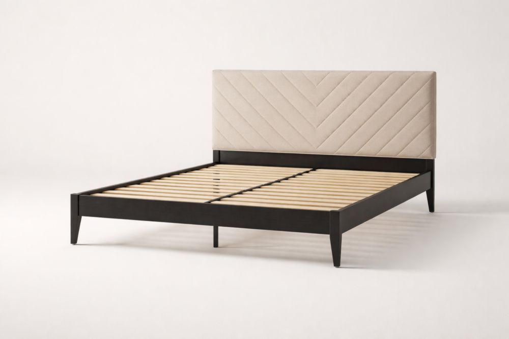 Wood Platform Bed Frame with Chevron Upholstered Headboard Beige/Black