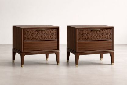 Wood Nightstand Set with Carved Floral Pattern and Brass Accents 60cm