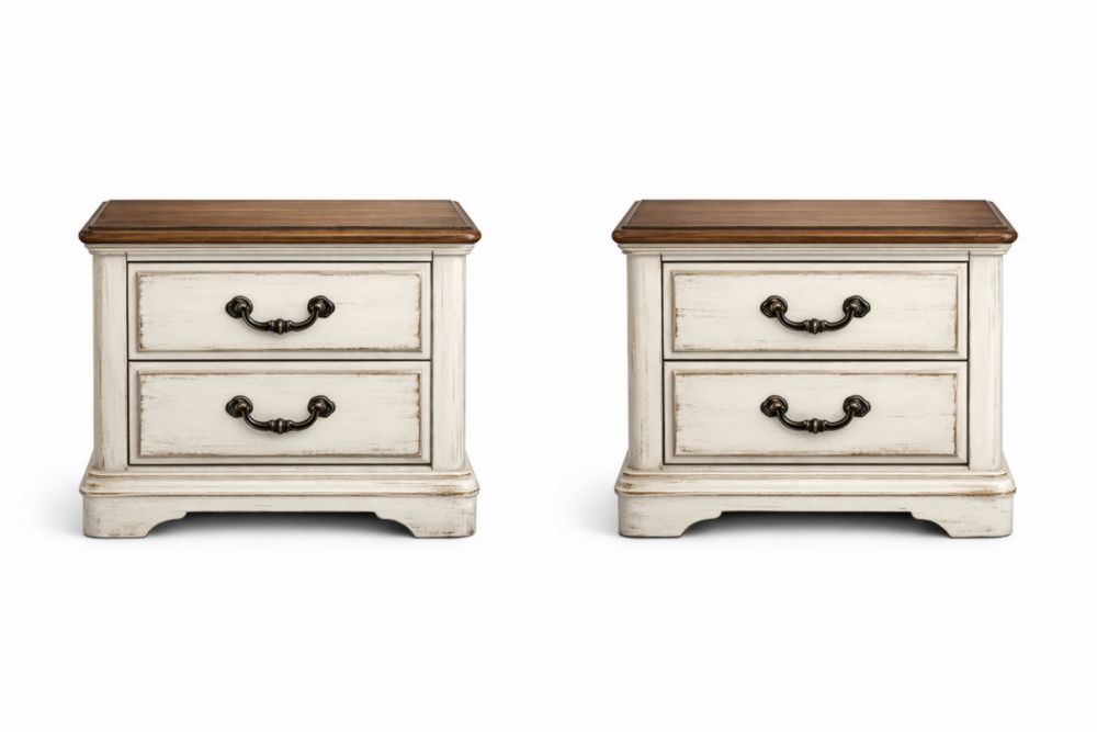 Set of Two Vintage Style Nightstands with Wooden Top and Dual Drawers