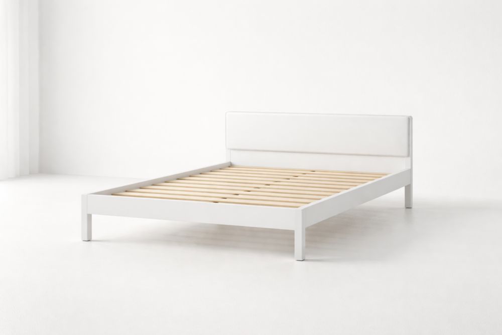 White Wood Platform Bed Frame with Upholstered Headboard