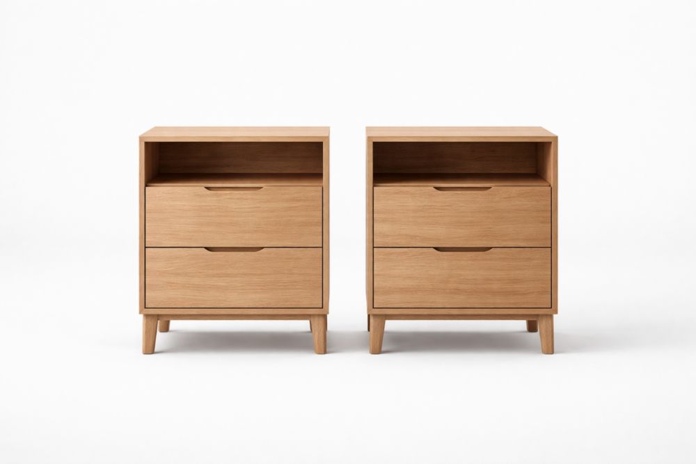 Solid Wood Nightstand Set with Open Shelf and Two Drawers