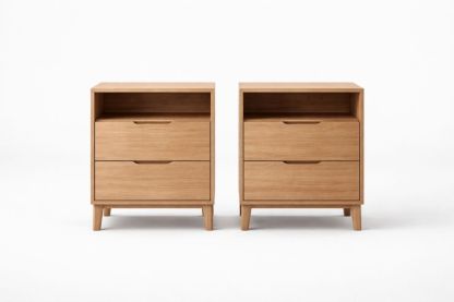 Solid Wood Nightstand Set with Open Shelf and Two Drawers