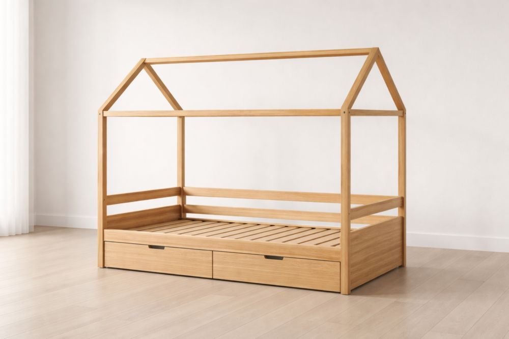 Wooden House Bed Frame with Storage Drawers in Natural Finish