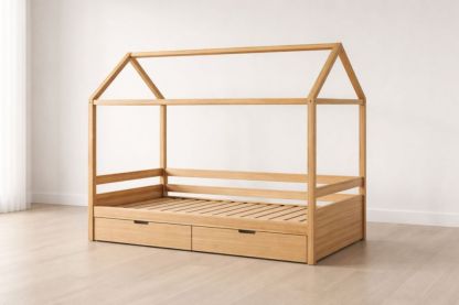 Wooden House Bed Frame with Storage Drawers in Natural Finish
