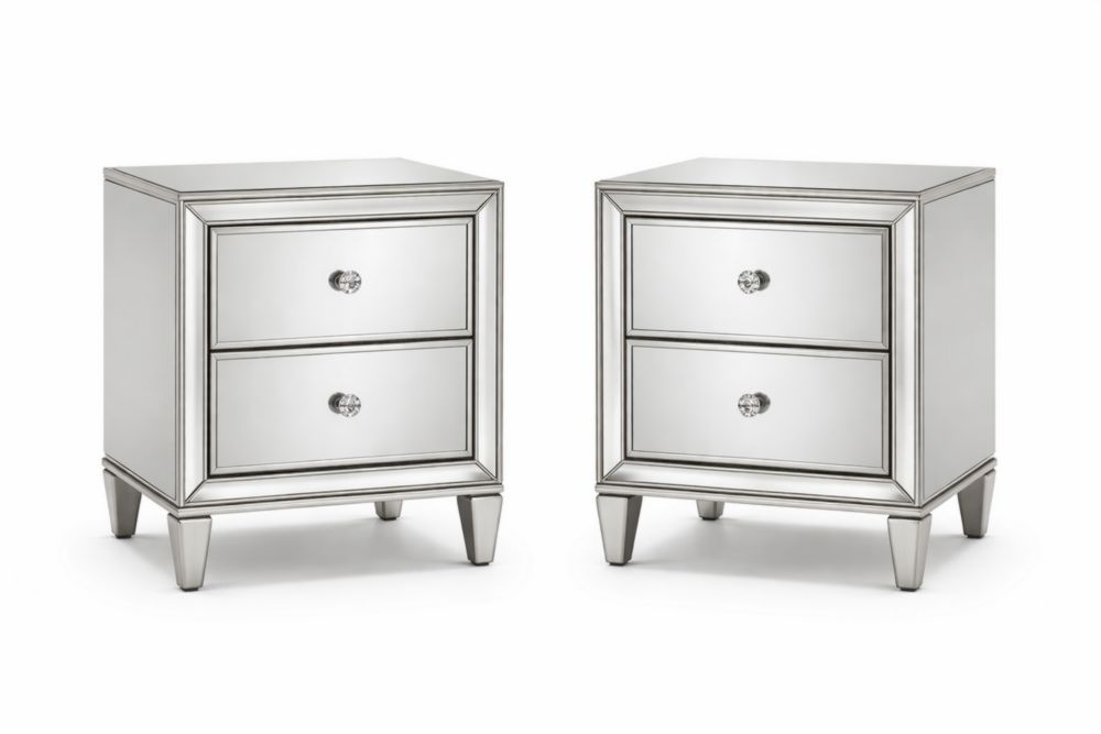 Mirrored 2-Drawer Nightstand Set Silver