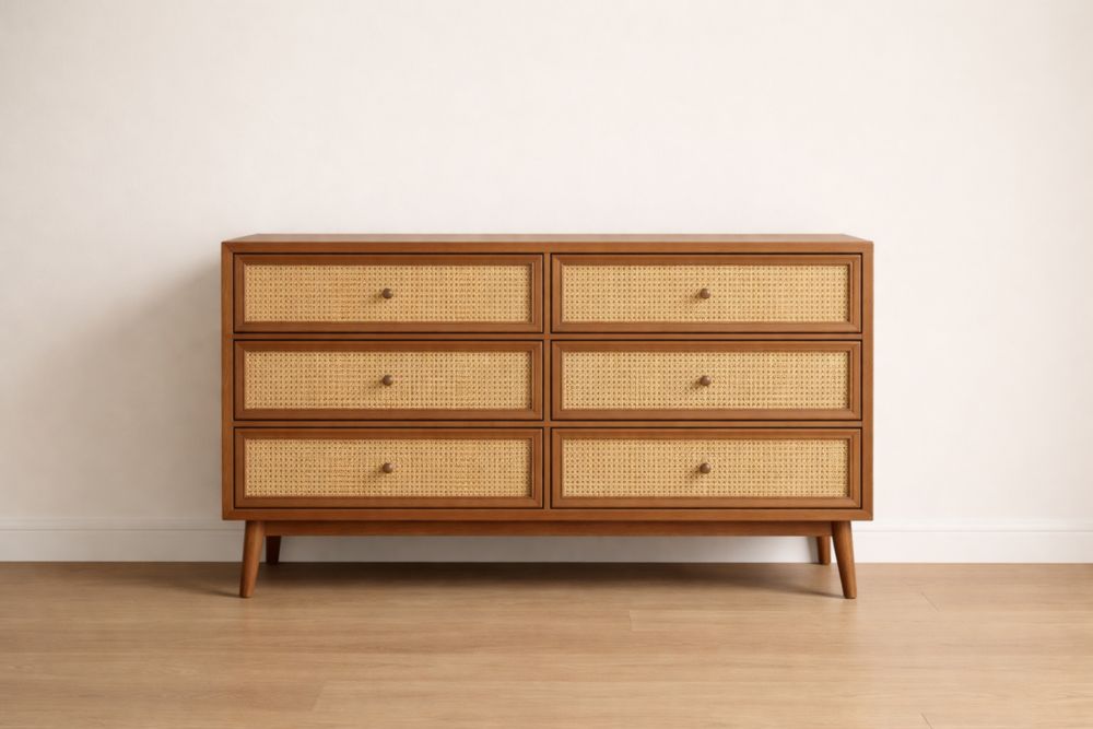 Wooden Dresser with Rattan Drawers 6-Drawer Brown Oak