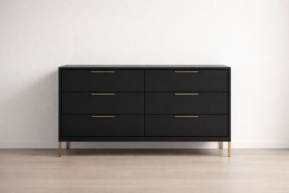 Black Rectangular Dresser with 6 Metal Handles