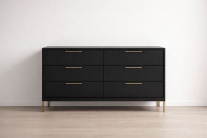 Black Rectangular Dresser with 6 Metal Handles