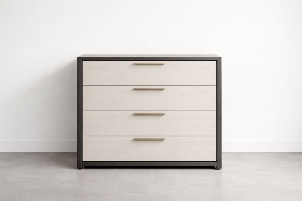 Modern Wood Chest of Drawers with Metal Handles Off-White and Black 4 Drawers