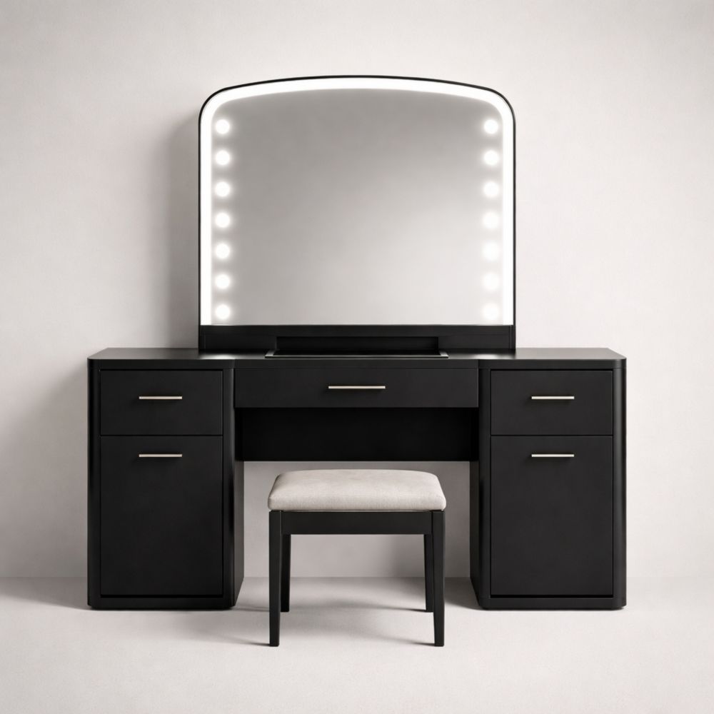 Black Engineered Wood Vanity Set with Mirror and LED Bulbs