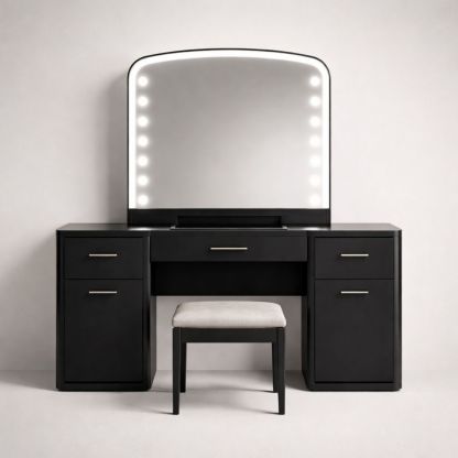 Black Engineered Wood Vanity Set with Mirror and LED Bulbs
