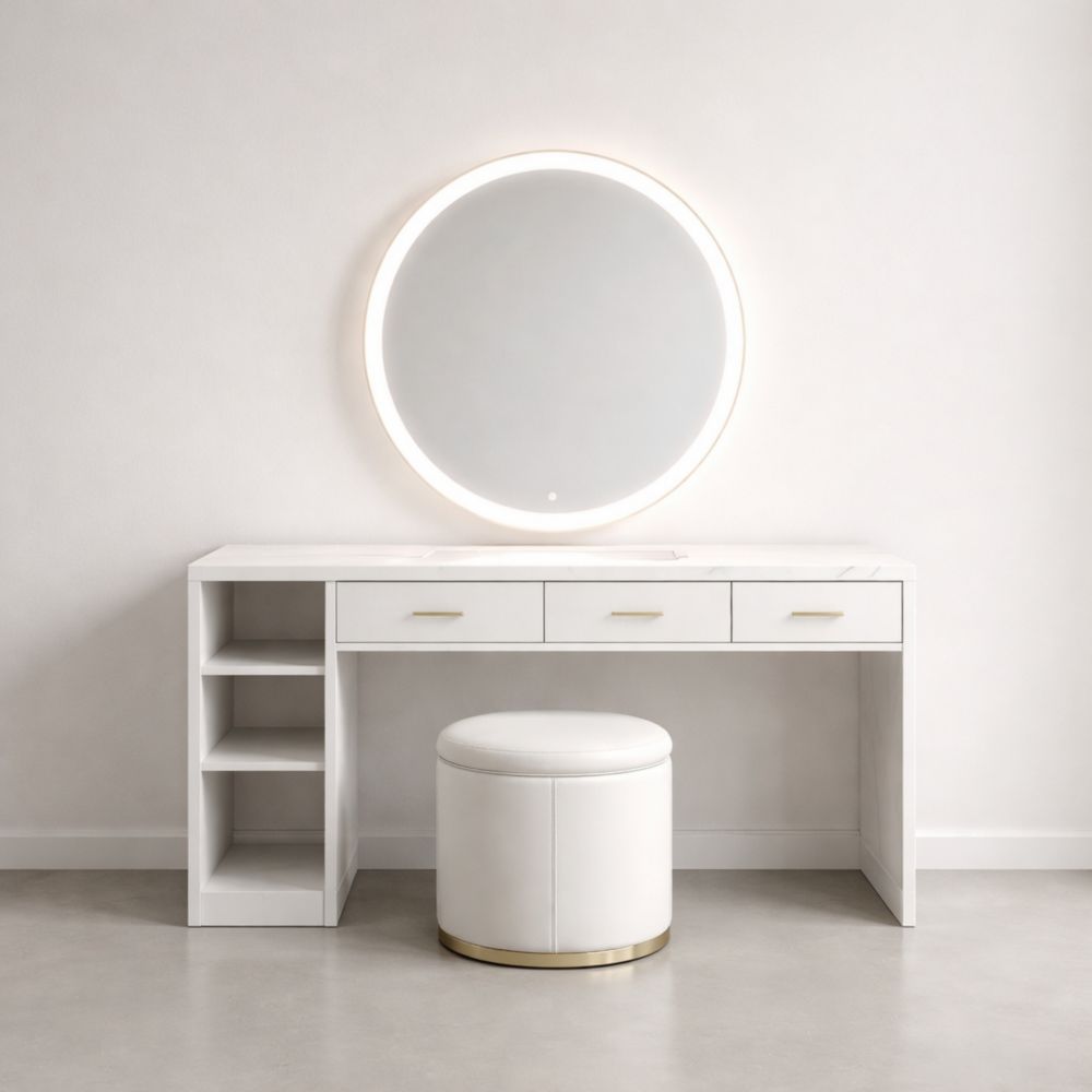 White MDF Vanity Desk Set with LED Mirror and Faux Leather Stool
