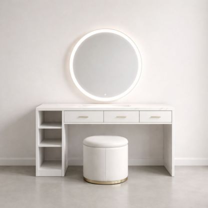 White MDF Vanity Desk Set with LED Mirror and Faux Leather Stool