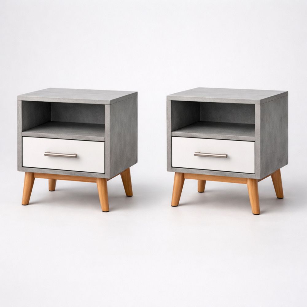 Set of 2 Nightstands Concrete Gray MDF with White Drawer and Solid Wood Legs 40x30x55 cm