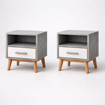 Set of 2 Nightstands Concrete Gray MDF with White Drawer and Solid Wood Legs 40x30x55 cm