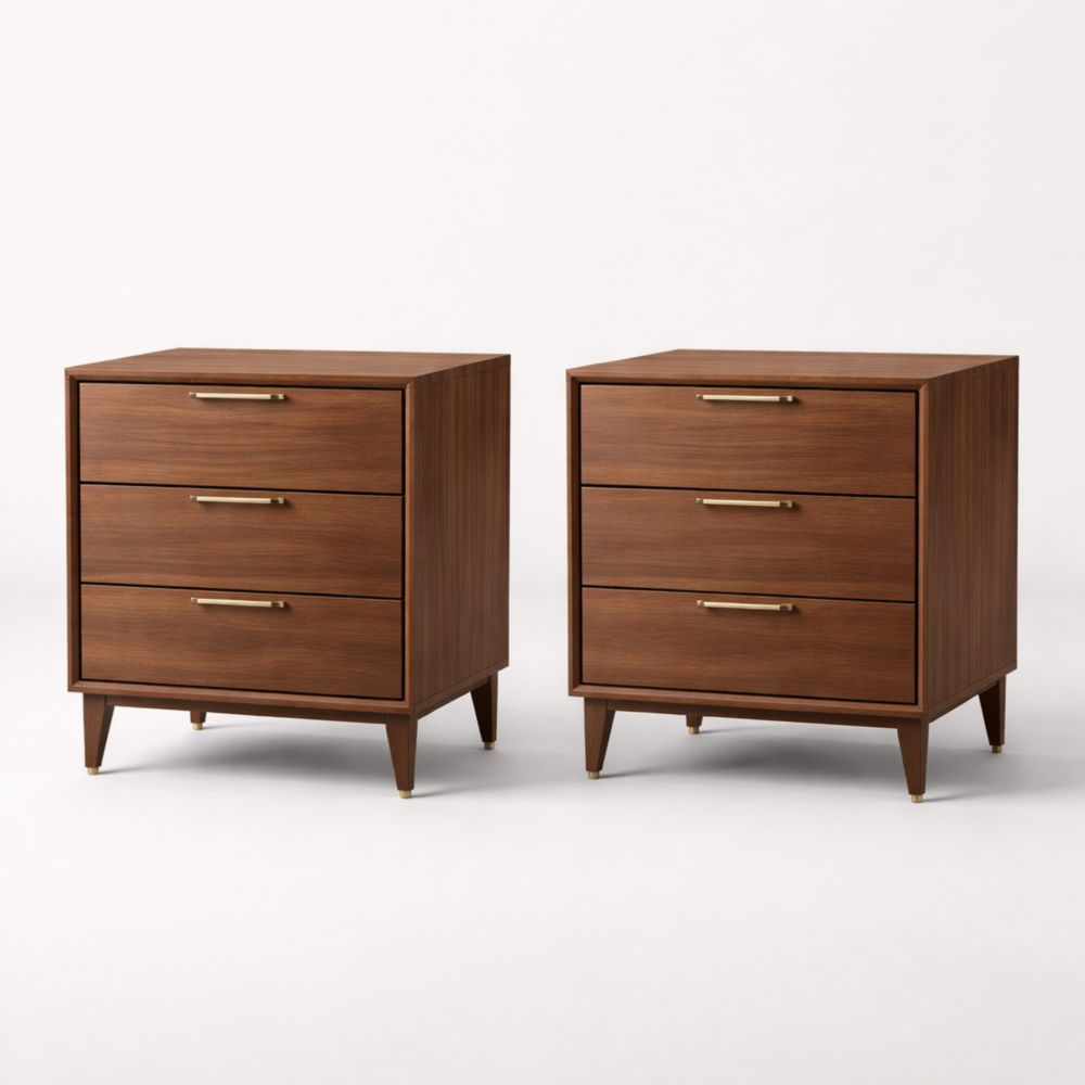 Walnut Wood Nightstand Set of 2 with Brass Handles