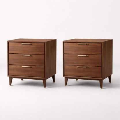 Walnut Wood Nightstand Set of 2 with Brass Handles