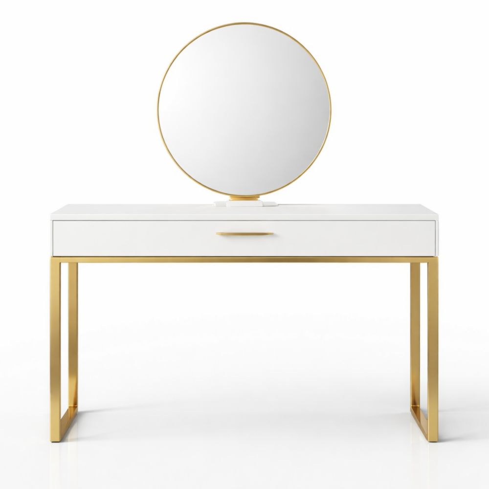 White Vanity Table with Circular Mirror and Gold Metal Legs