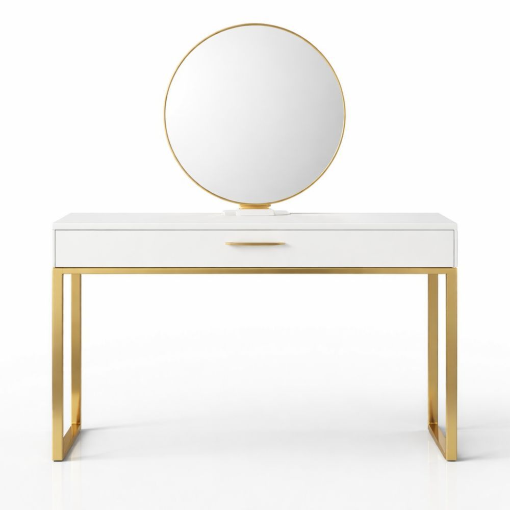 White Vanity Table with Circular Mirror and Gold Metal Legs
