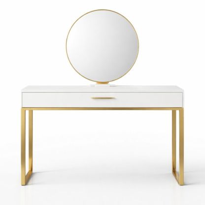White Vanity Table with Circular Mirror and Gold Metal Legs