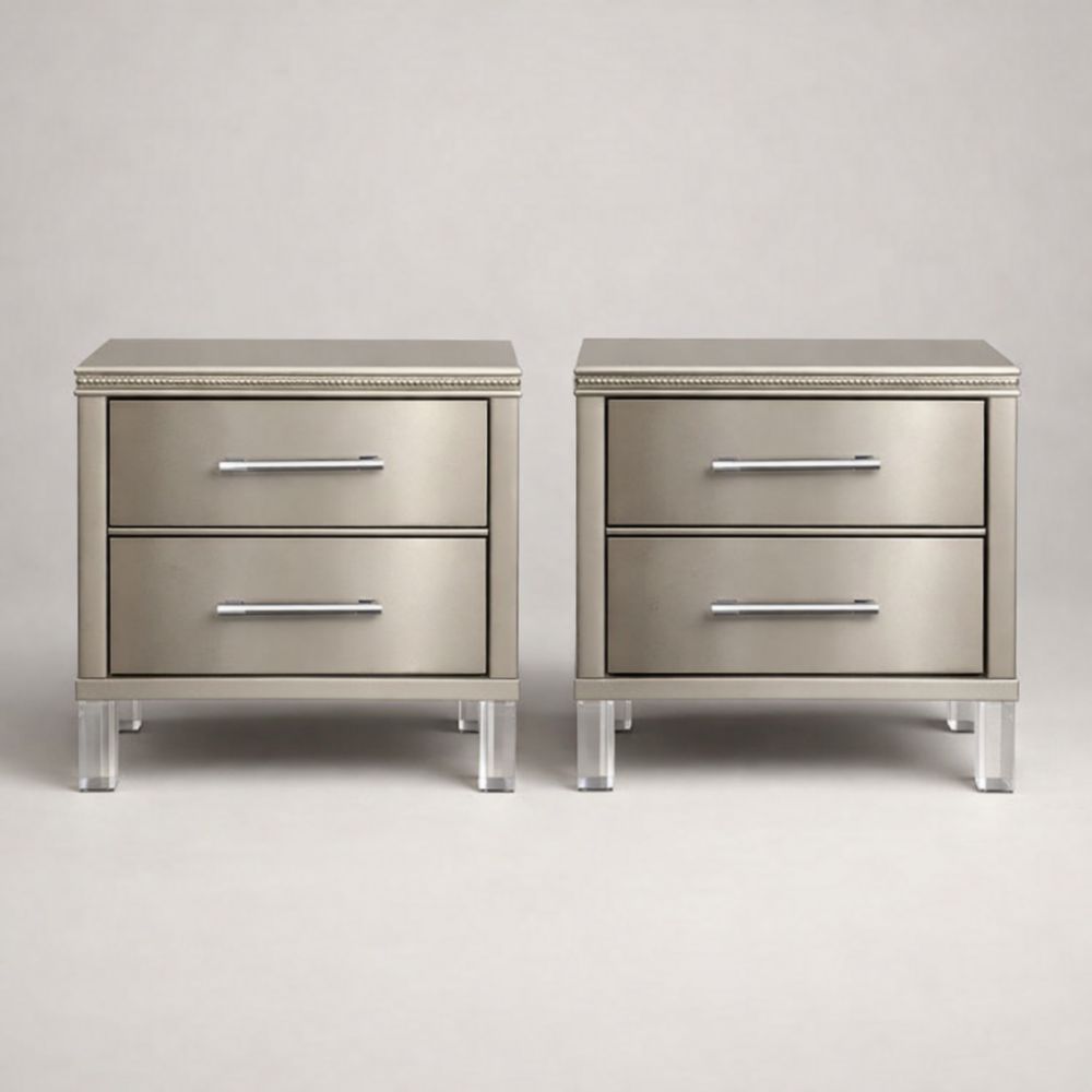 2 Piece Set of Metal Nightstands with Acrylic Legs and 2 Drawers in Silver