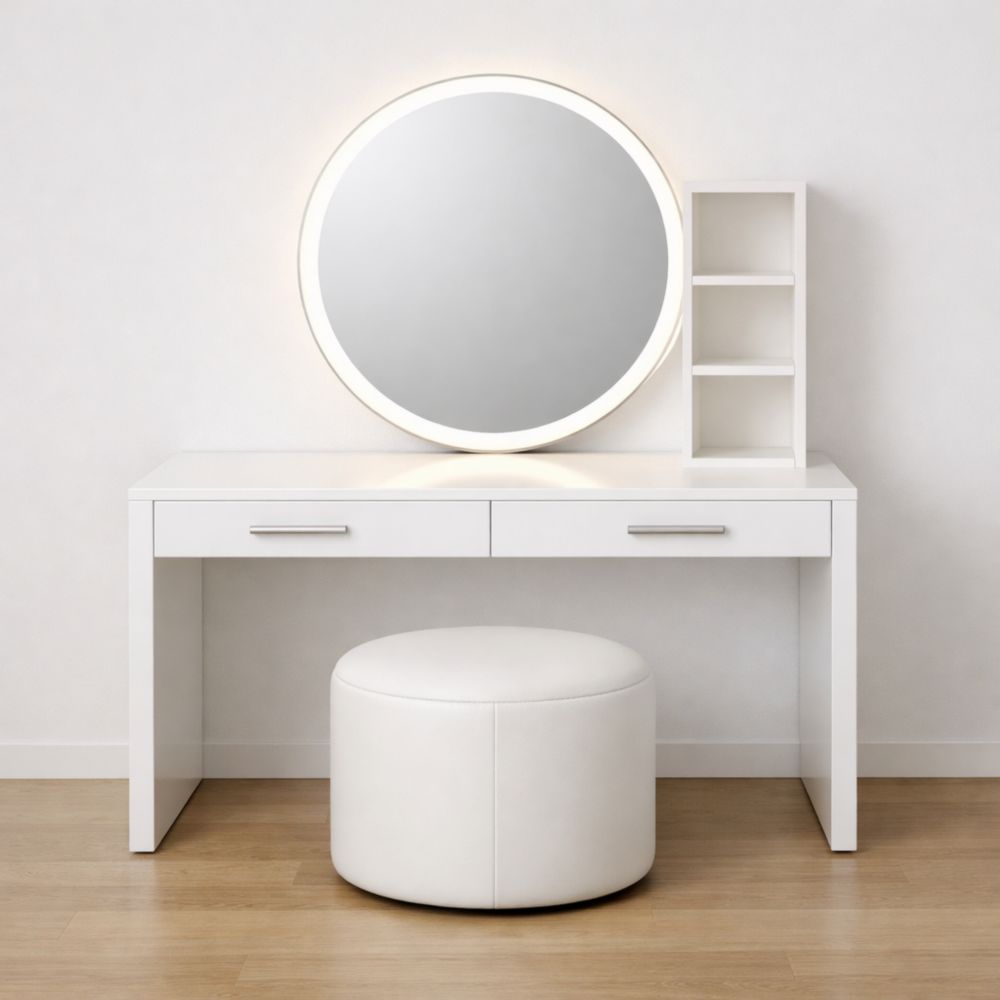 White MDF Vanity Table Set with LED Mirror and Upholstered Round Stool