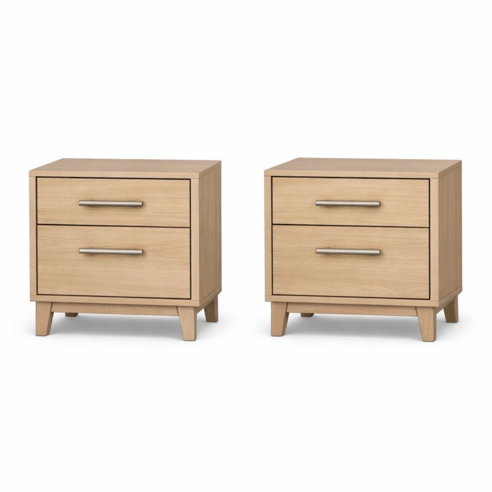 Wooden Two-Drawer Nightstand Set with Oak Veneer